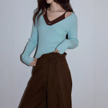 吵吵 韩系薄荷色V领短款针织衫女2025秋气质修身长袖上衣