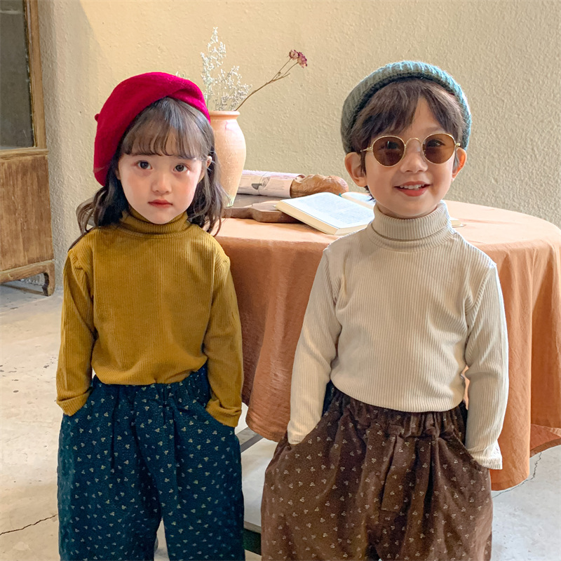 Children's new autumn wear 2023 boys' half high neck pinstripe undershirt girls' baby fashion forest style innerwear T-shirt trend 