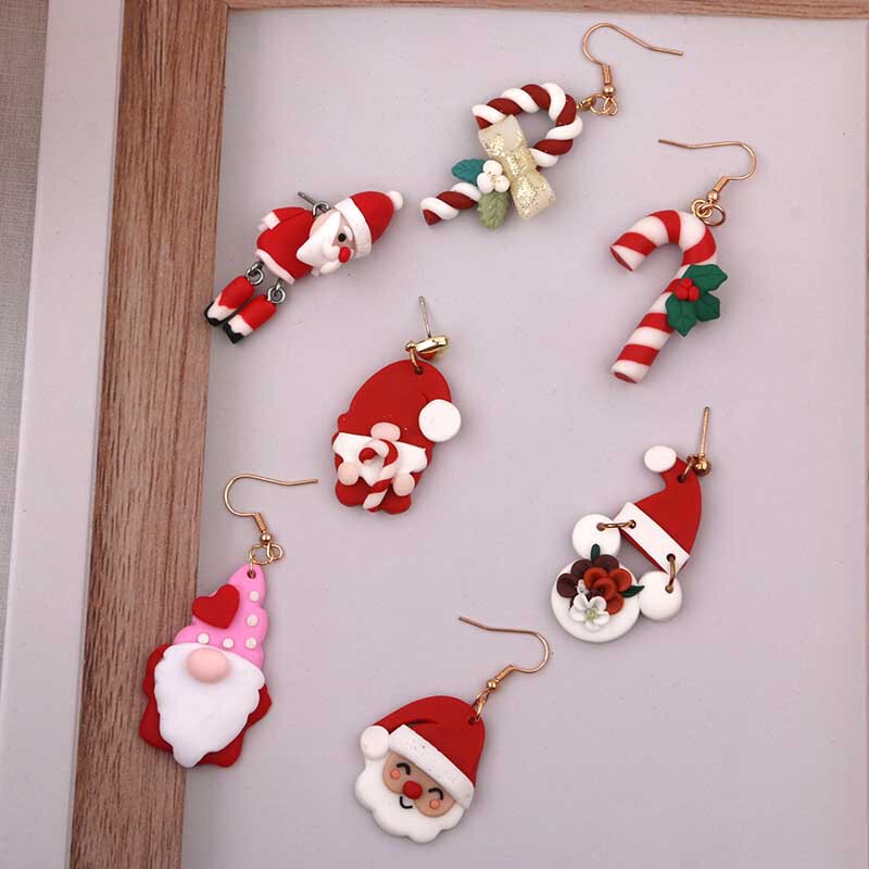 Christmas Handmade Polymer Clay Red Santa Claus Soft Pottery Earrings Cute Crutches Cartoon European and American Earrings