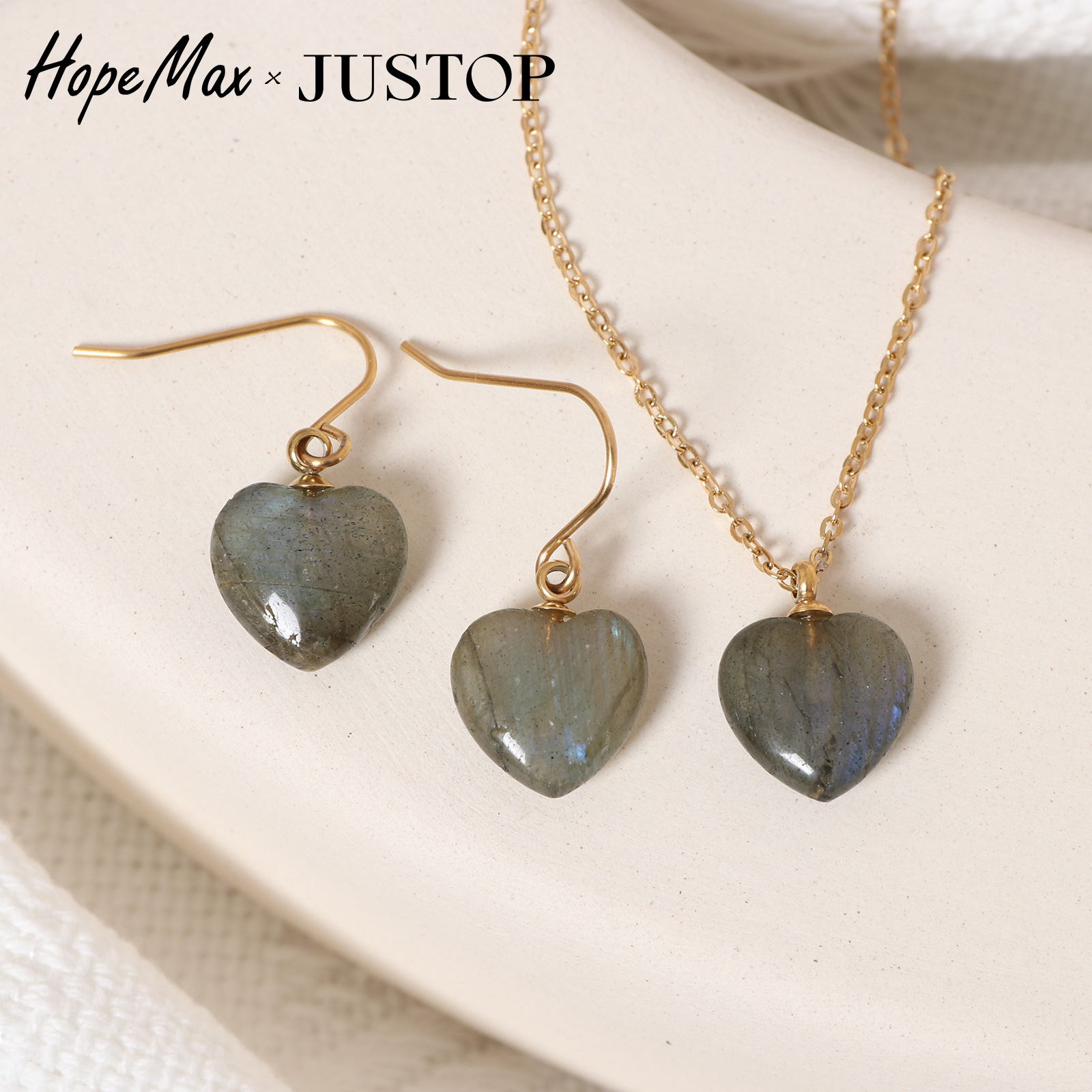 JUSTOP สร้อยคอจี้รูปหัวใจ จี้หินลาพิสลาซูลี ต่างหูรูปหัวใจ สร้อยคอหินธรรมชาติรูปหัวใจ พร้อมตะขอเกี่ยวหู นำเข้าจากยุโรปและอเมริกา