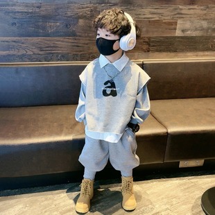Boys' sweatshirt suit, children's spring and autumn style, boy's spring shirt suit, children's autumn clothing, baby boy's three-piece trendy set