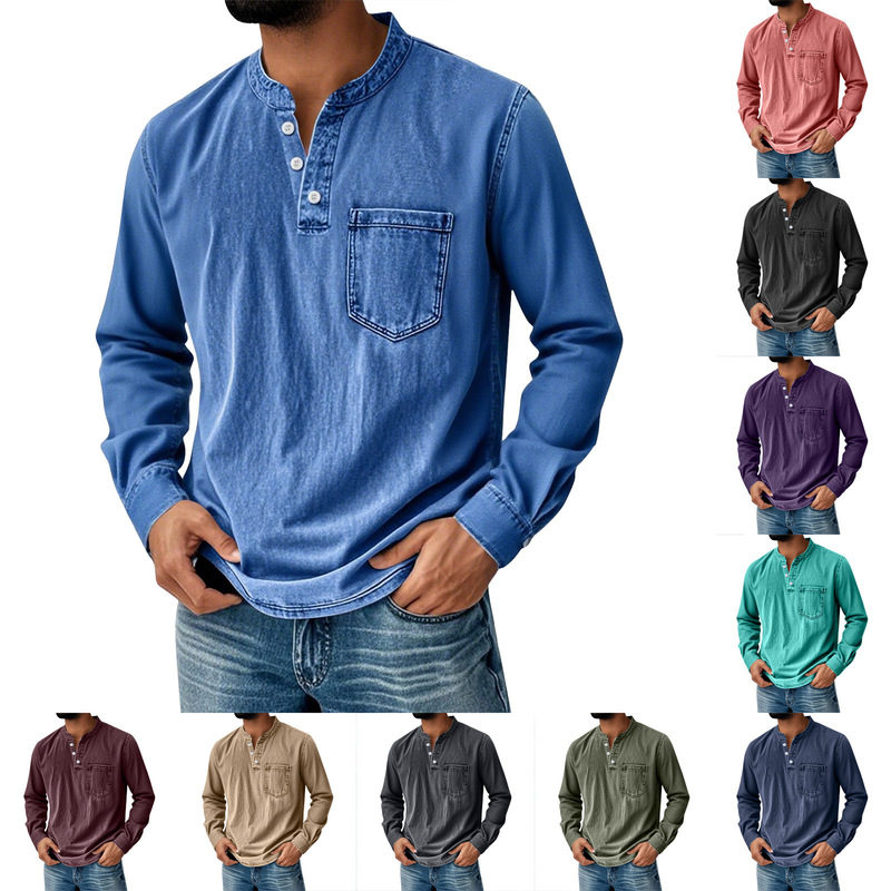 Spring and Autumn European and American Cross-Border Men's Three-Button Long-Sleeve T-Shirt Young Men's Casual Trendy Open-Front T-Shirt Wholesale