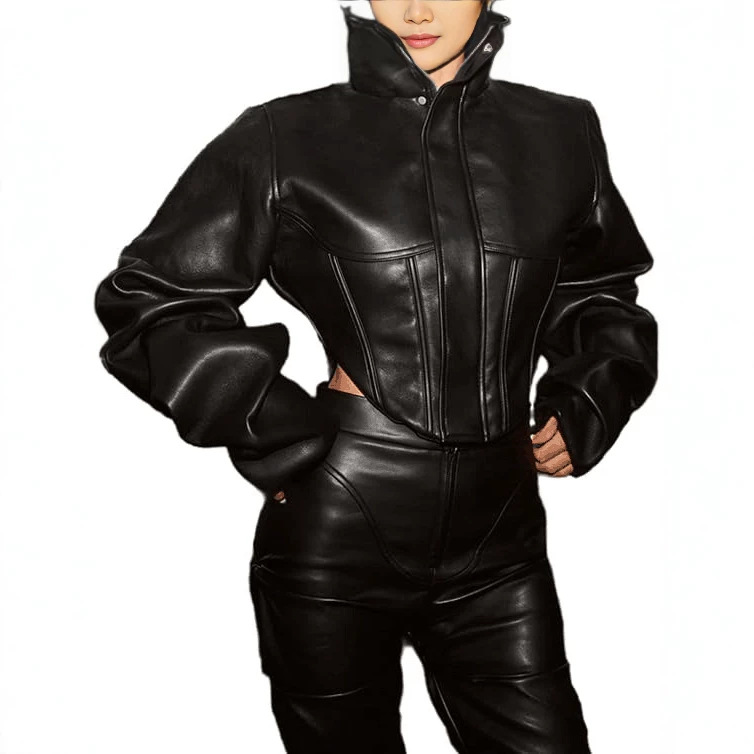 2025 Fall/Winter New European and American Style Short Slim-Fit Stand Collar Faux Leather Jacket for Women