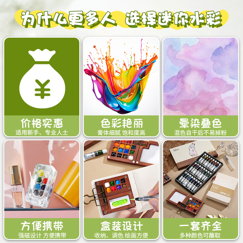 Mini caja de pintura de acuarela caja de nuez portátil cuaderno de dibujo de viaje cuaderno de dibujo conjunto de color image 3