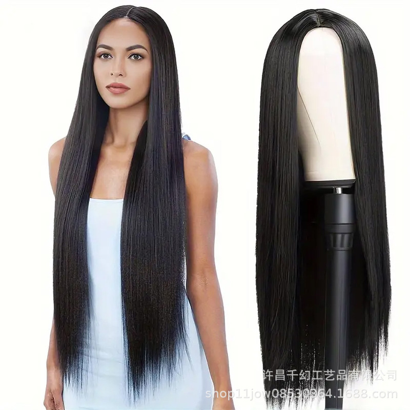 European and American wig matte high temperature silk chemical fiber headgear wig medium straight hair black wig chemical fiber long straight hair European and American wig matte high temperature silk chemical fiber headgear wig medium straight hair black wig chemical fiber long straight hair