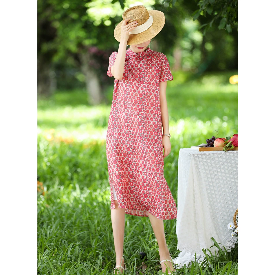 2021 летняя новая женская одежда с красным принтом рами, дорожная художественная одежда с воротником-стойкой, длинное платье с коротким рукавом, женская кожаная подкладка