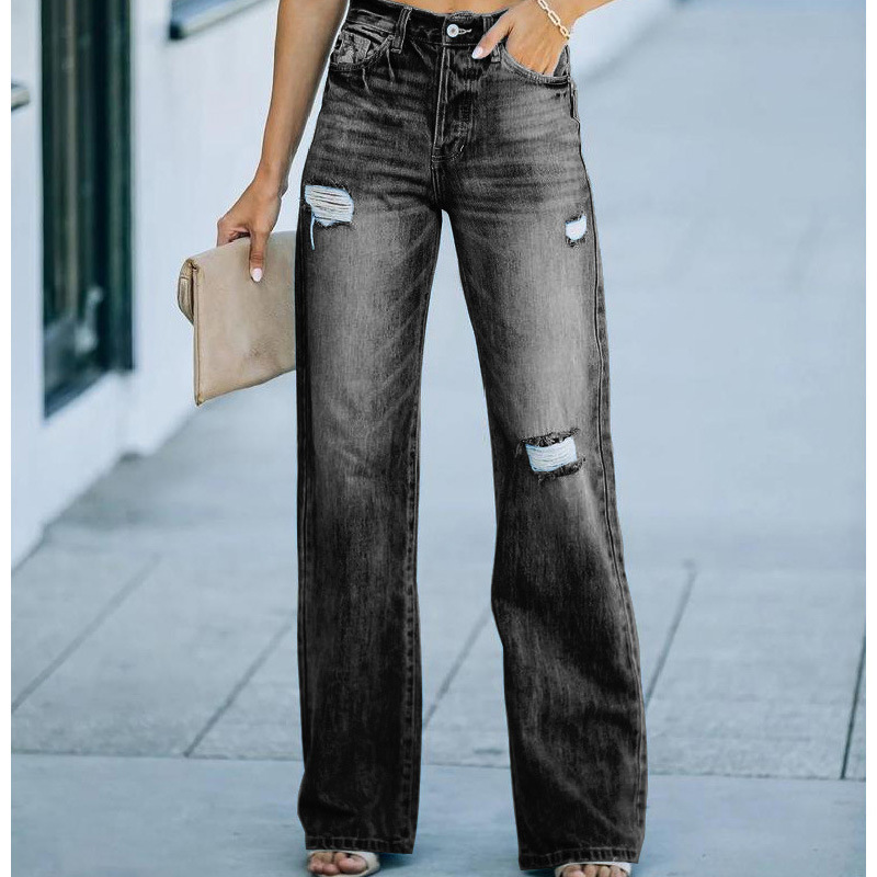 Straight Ripped Solid Color Jeans NSHM114938