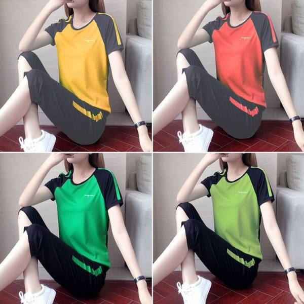 Ayollar uchun AliExpress Cross-Cheger Sport Patchwork to'plami, Yozgi eksport uslubi, Keng kalta yengli futbolka, Kundalik Kapri shimlar, Ikki qismli to'plam