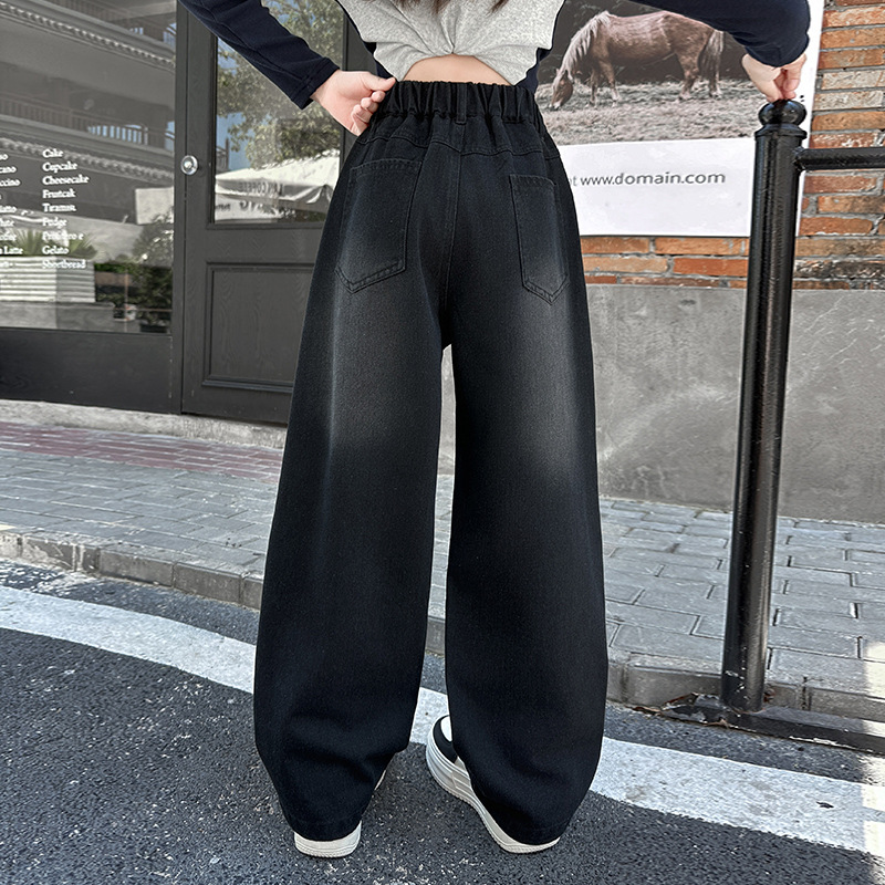 (2개) 소녀 가을 청바지 2024 십대 검은 바지 큰 아이 학생 느슨한 외부 착용 레트로 넓은 다리 바지