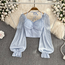 外贸2025年秋季法式覆古方领露锁骨泡泡袖雪纺衬衫女洋派修身短款