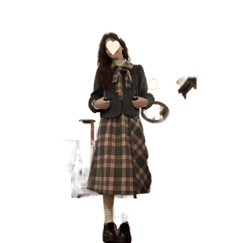 달콤한 대학 스타일 귀여운 활 코트 스커트 투피스 세트 여성의 봄 새로운 도착 작은 모직 세트