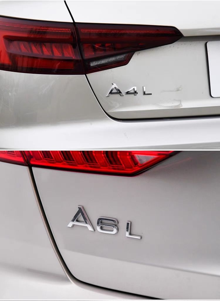 Audi car emblem modification: A6L engine displacement tail badge, original A4L rear lettering, A3, Q5, Q7, Q8 body side decals, four-wheel drive logo