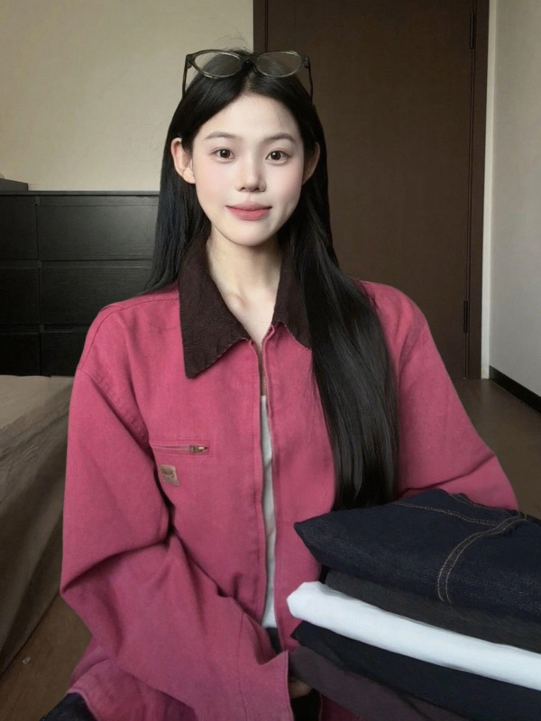 美式复古粉红色工装夹克外套女早秋季2025新款小个子薄款宽松上衣|undefined