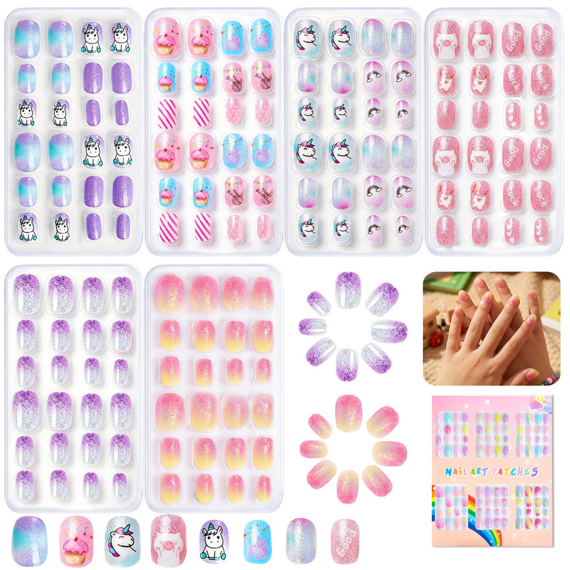 Foreign Trade Hot-Selling Shiny Glitter Press-On Fake Nails Children's Set Princess Gift with Self-Adhesive Backing