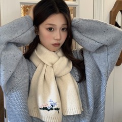 新款秋冬100%羊毛韩版针织羊毛小花朵围巾女保暖毛线加厚刺绣围脖