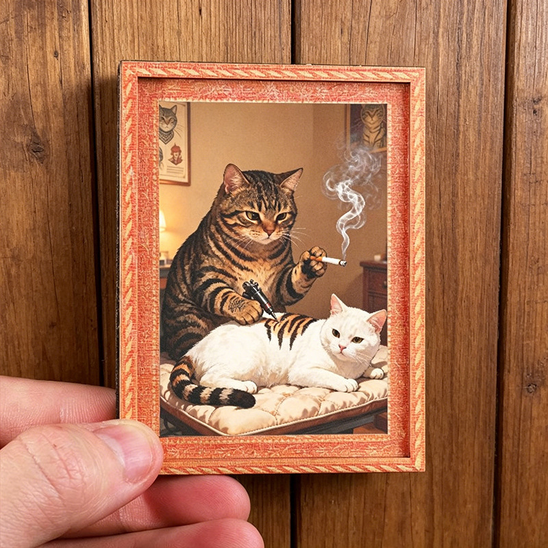 Cross-border Cute Cat Oil Painting Wooden Photo Frame Refrigerator Magnet Vintage Gold Frame Magnetic Decorative Sticker with Various Funny Cat Patterns