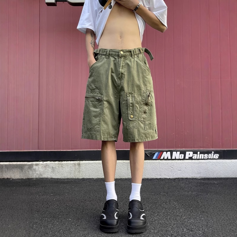 Summer Washing Water Zipper Multi-Pocket Deconstruction Tooling Shorts Boys Wide Leg Loose Old Vintage Straight Pants