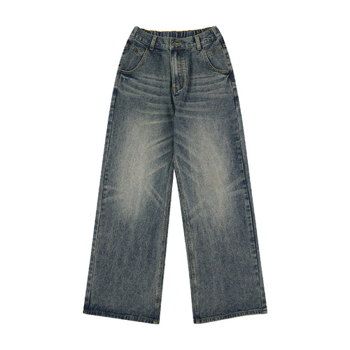 JIAMU Spring and Summer New Cat Whiskers Elastic Waist Baggy Jeans American High Street Denim Pants Men's and Women's Loose Straight Tube 