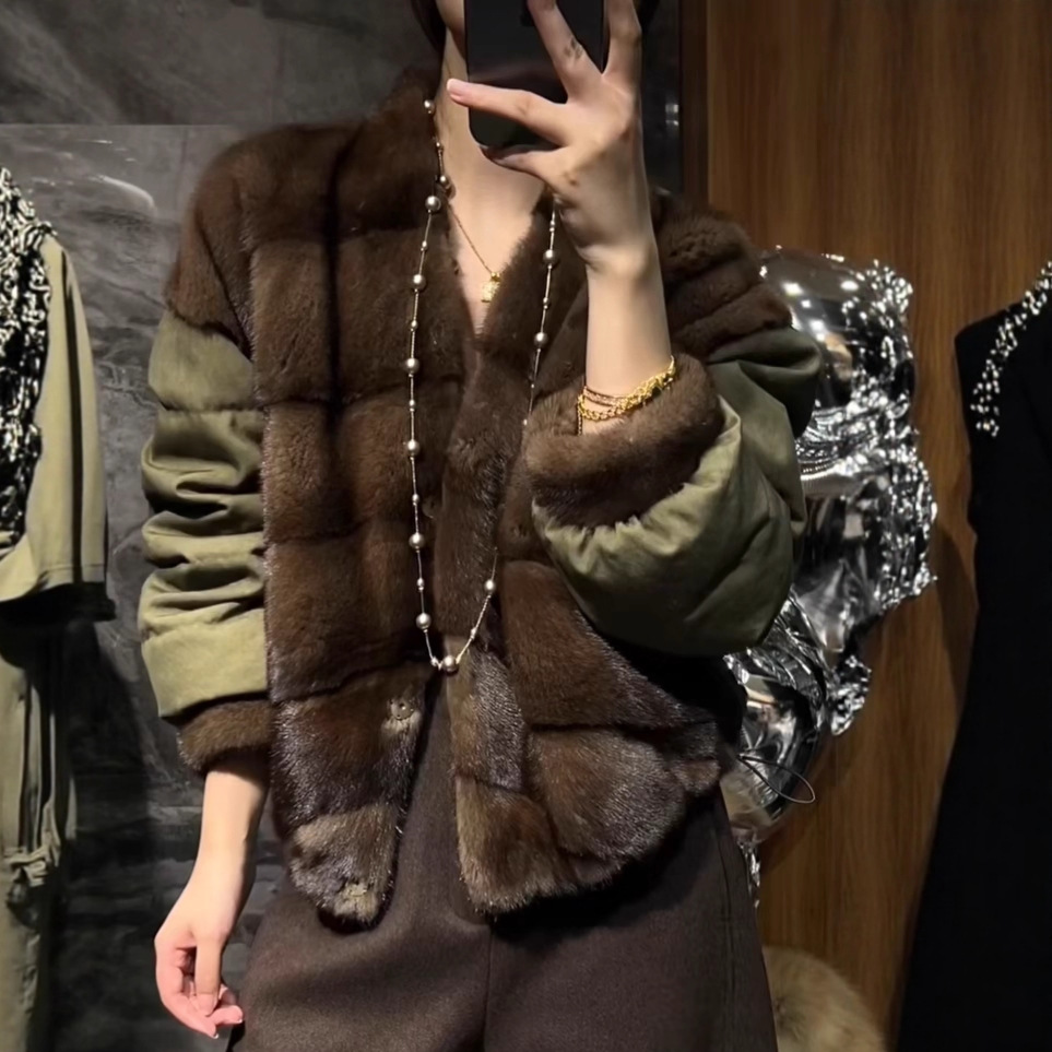 欧洲站2025冬季新轻奢拼水貂毛百搭保暖短款鹅绒羽绒服皮草外套女
