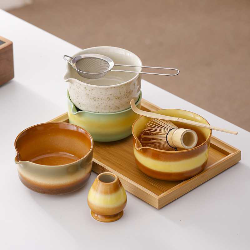 新しい 6 ピース抹茶グリーンセラミック抹茶ボウル抹茶ツールセットギフトボックス茶筅 Baibenli|undefined