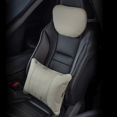 Headrest Leather Waist Protector Car Cushion - nappa-leather-off-white-headrest-lumbar-support-set