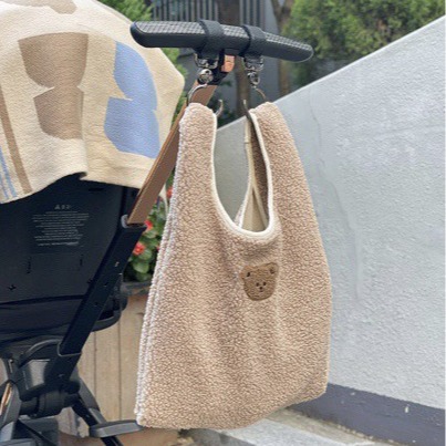 Ins Korean Style Lamb Wool Mummy Bag Cute Bear Embroidered Mummy Bag Large Capacity Plush Bag Tote Bag