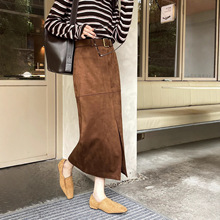 深圳南油牛皮绒前开叉设计百搭显瘦直筒包臀中长款半身裙搭配腰带