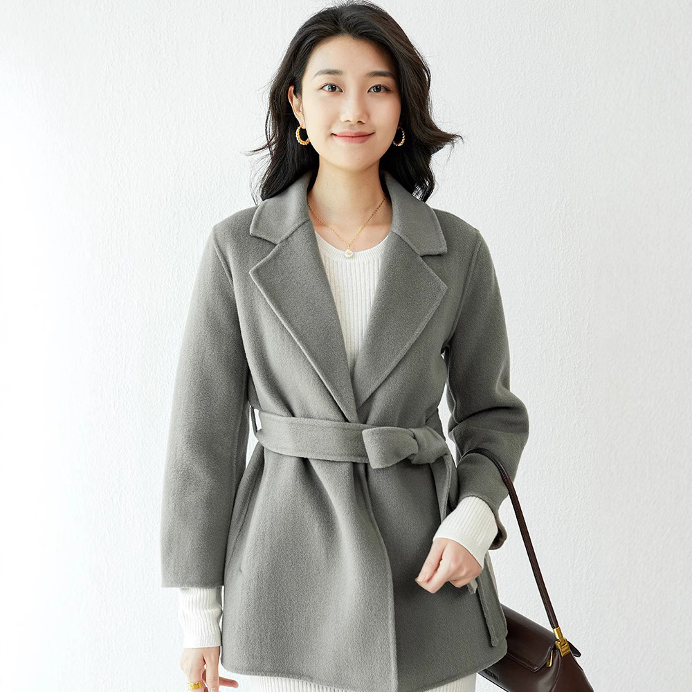 가을과 겨울 새 양모 코트 양면 도랑 레이스 업 중장 여성 세트 칼라 비즈니스 캐주얼 간단한 모직 코트