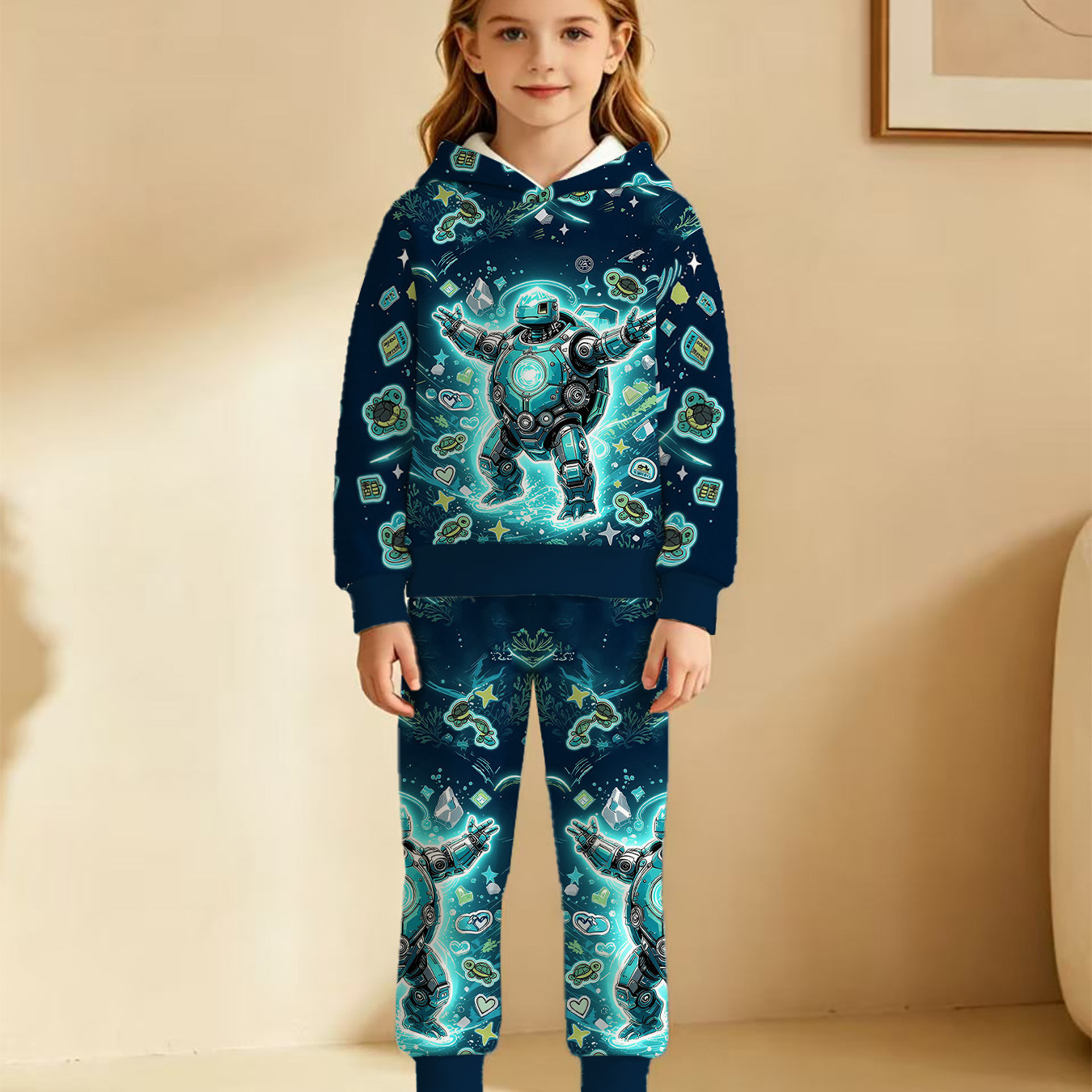 Deep Blue Mechanical Turtle Hoodie Set for Boys and Girls - Glow-in-the-Dark Sci-Fi Cartoon Casual Two-Piece Set