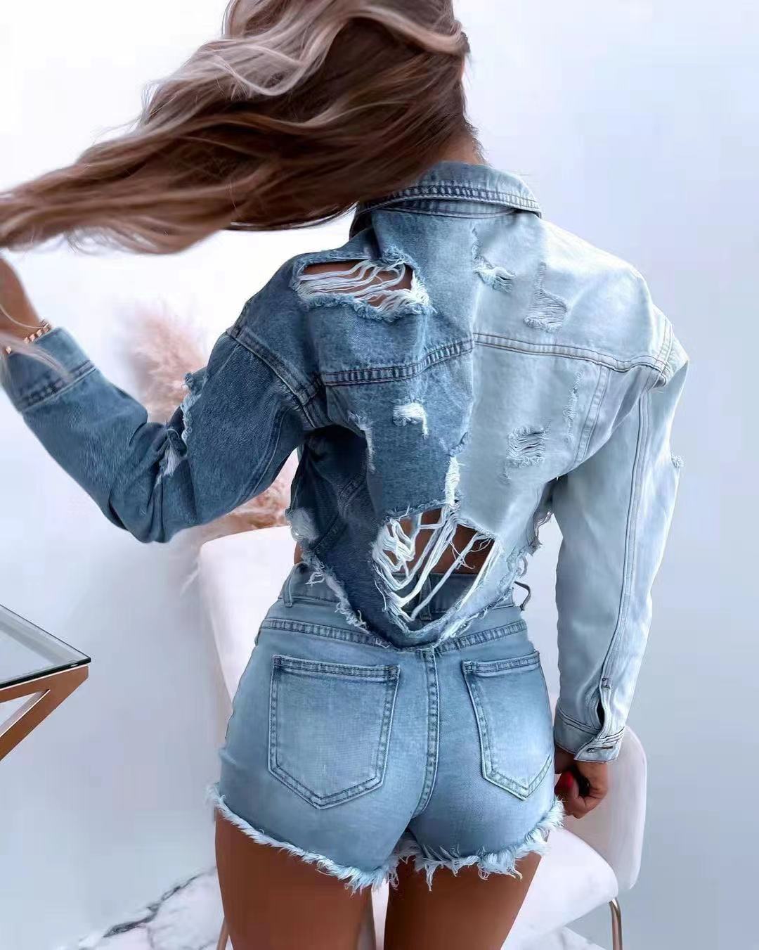 Foreign trade cross border Amazon 2021 autumn and winter new wash temperament leisure with holes short denim jacket women