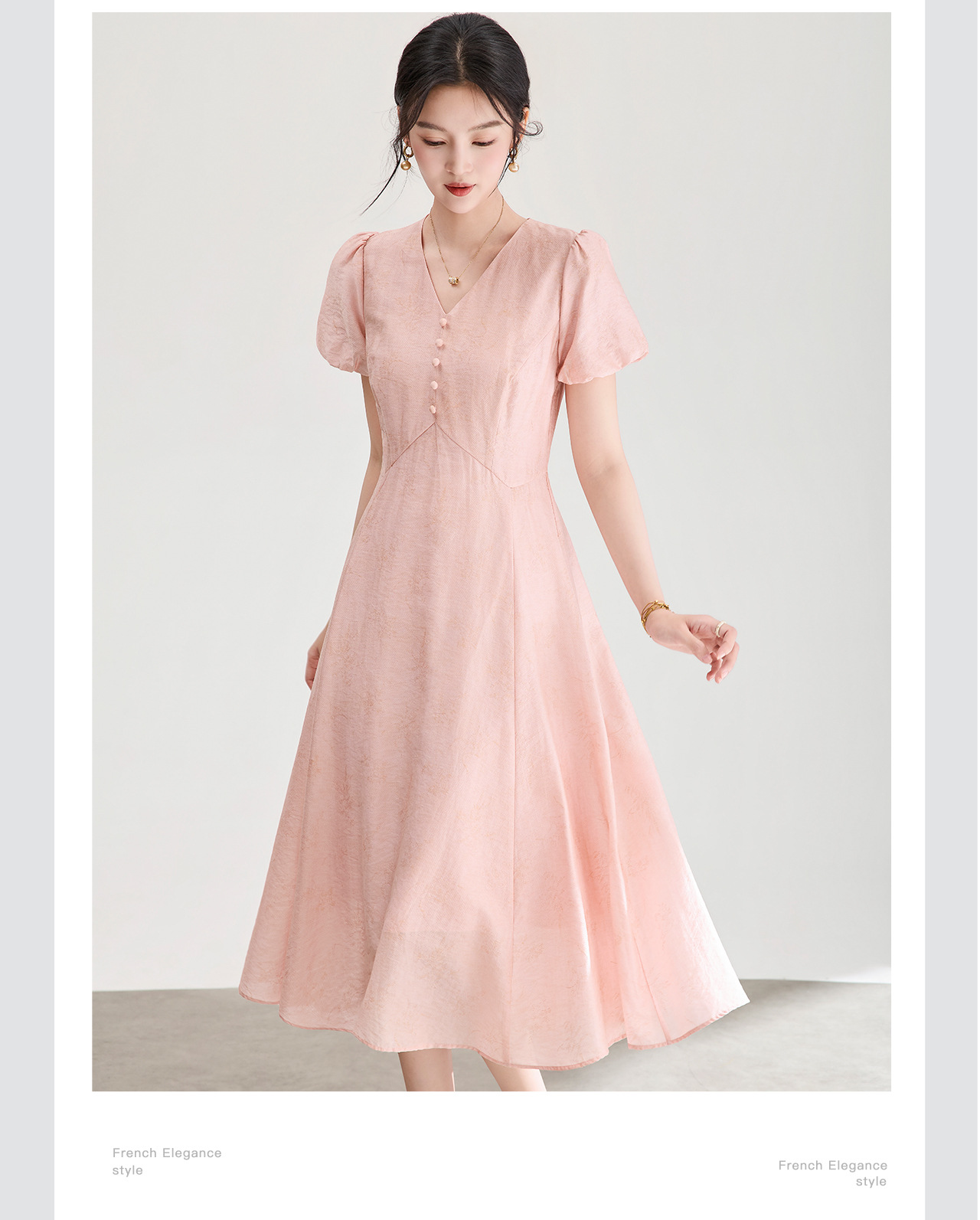 Đầm chữ A cổ V dáng suông midi họa tiết jacquard tối màu — xanh lam chi tiết 8