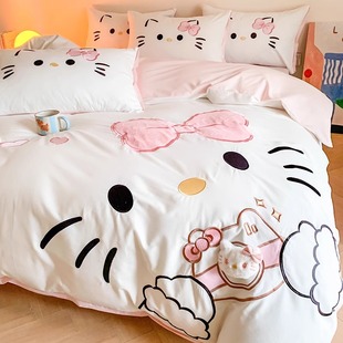Girly Heart Cotton Bed Four-Piece Set Hello Kitty Cotton Bedding Quilt Cover Cartoon Cute Children's Bed Sheet Three-Piece Set