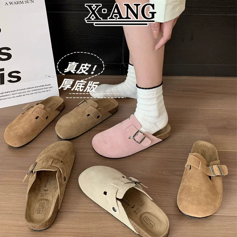 Полностью кожаная обувь Birkenstock с пробковой подошвой, носок обуви, полуслепон, для женщин, носить весной и летом 2025, новые стиль ленивые тапочки