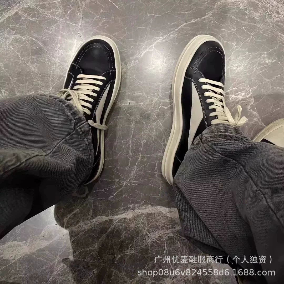 Кеды на низком ходу (RICK OWENS) из цельного крупного кожаного сырья, черные с контрастной окантовкой, платформа