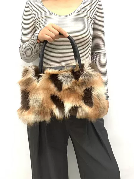 Autumn and winter vintage leopard print faux fur handbag for women, color-blocking plush furry tote bag, European and American style plush women's bag
