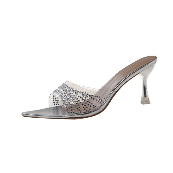 Transparent Rhinestone Fine Heel Sandals 2024 New plus size European and American Spring and Summer New Solid Color Square High Heel Slippers for Women