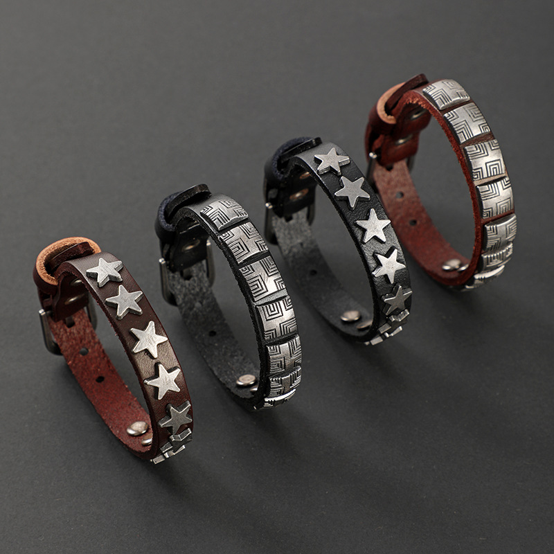 Cross-border Temu Men's Vintage Cowhide Bracelet Simple Fashion All-match Genuine Leather Bracelet Alloy Five-pointed Star Bracelet