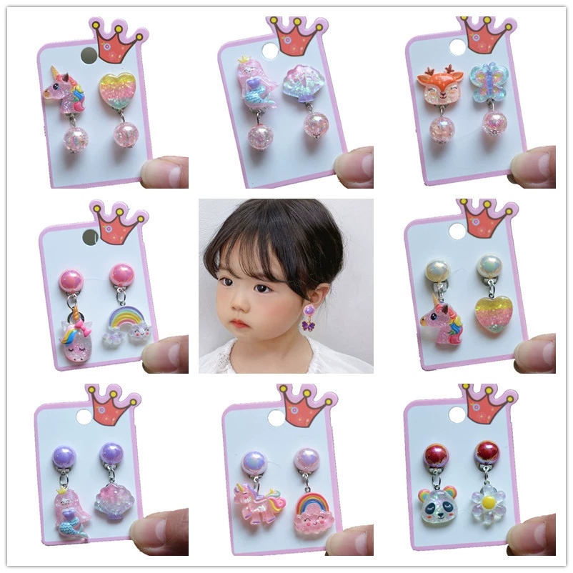 Европейский и американский Новый мультяшный Детский костюм с зажимом для ушей Единорог, серьги-клипсы для девочек, милые серьги из смолы