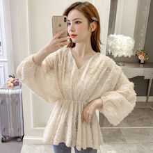 春秋冬季新款蕾丝衫女韩版v领大码宽松显瘦上衣雪纺衫打底衫T恤潮