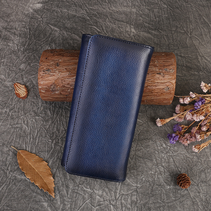 本革の財布の女性の新型のレトロな頭の層の牛革のカードの包みのシンプルな純色のボタンのハンドバッグの多機能の携帯電話の包み