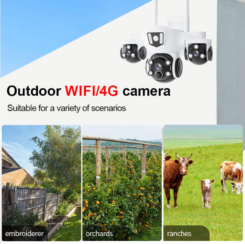 新しい真の四眼 WIFI ソーラー監視カメラ 3 画面監視広角 5MP リモート屋外防水|undefined