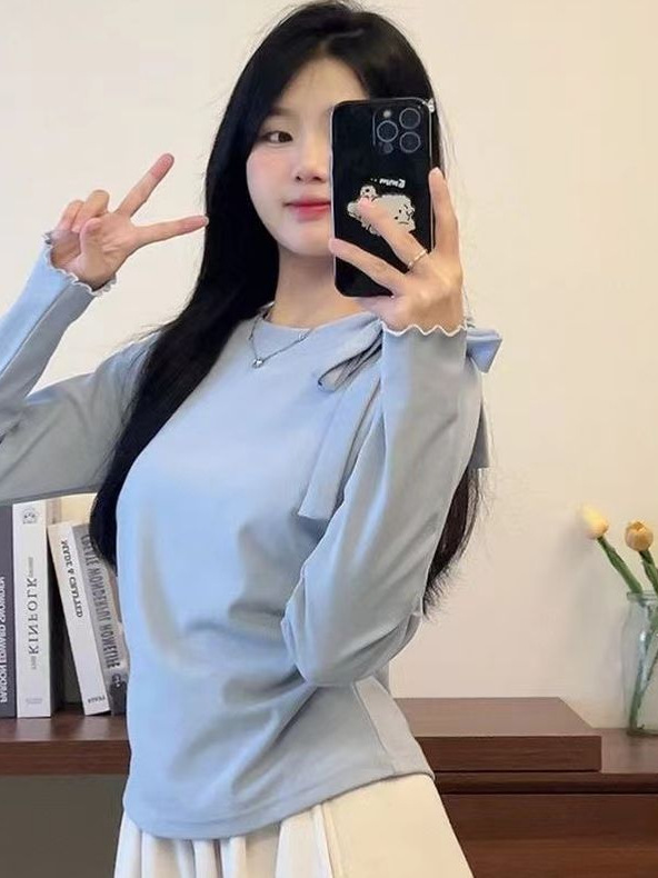 韩系绑带蝴蝶结长袖t恤女秋季新款小众设计感独特简约百搭上衣女|undefined