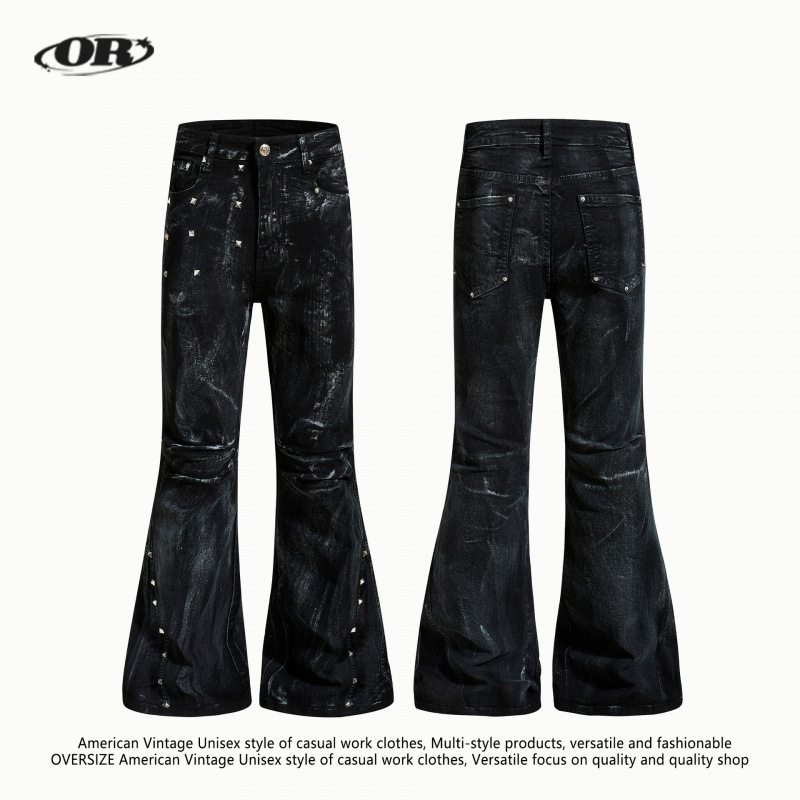 Oreeta American-Style Y2K Dark Style Flared Jeans for Men and Women with Dirty Dye Rivet Design and Floor-Length Pants Oreeta American-Style Y2K Dark Style Flared Jeans for Men and Women with Dirty Dye Rivet Design and Floor-Length Pants