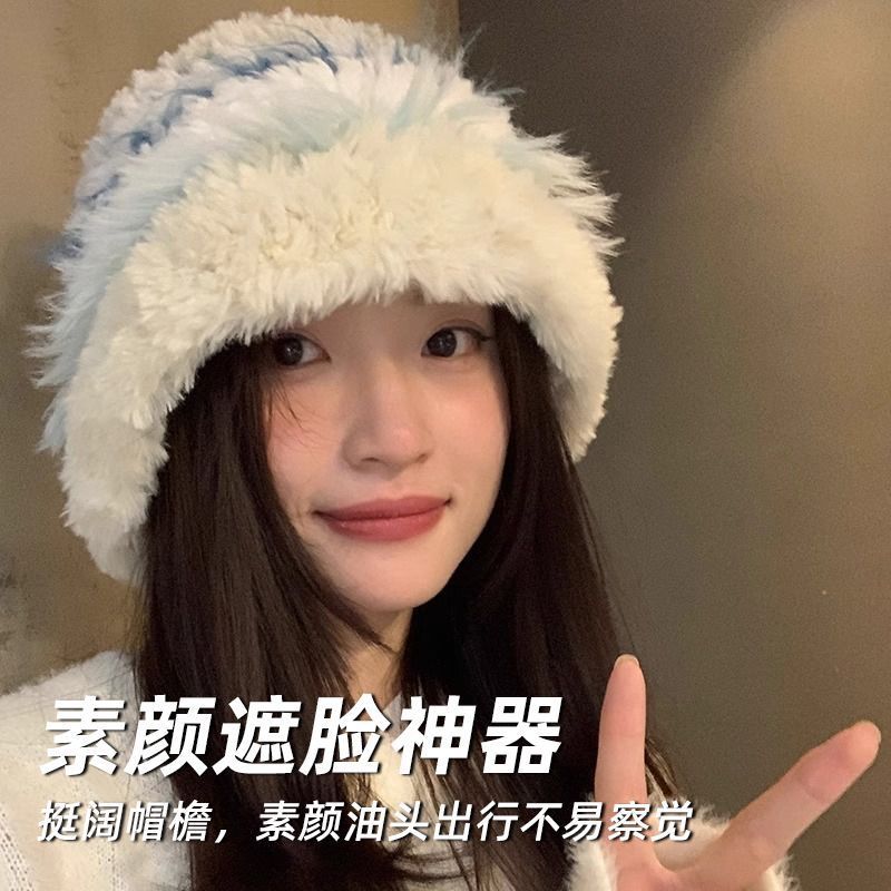 plush fleece hat women‘s face slimming autumn and winter knitted thickened warm korean style cold-proof warm ear protection woolen cap big head new