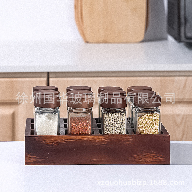 Botella de condimento cuadrada de 120ml de vidrio de cocina bambú Acacia 40oz condimento de vidrio con estante