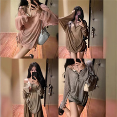 【オリジナル生地】夏の薄いタイプの純粋な風の長袖の日焼け止めtシャツの女性の怠惰な風のゆったりしたvネックのブラウスの上着