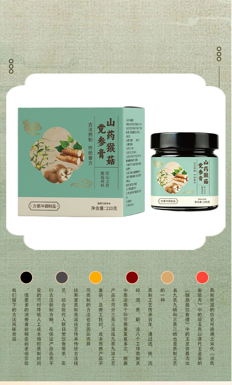 Shan Yao Hou Gu Dang Shen Gao — Hand-Steamed Herbal Paste with Chinese Yam, Lion's Mane & Codonopsis (220g) specifications