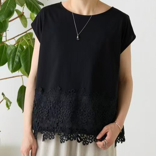 Cross-Border Lotte Summer New Korean Style Round Neck Lace Splicing Short-Sleeved T-Shirt Loose Slimming Versatile Casual Top