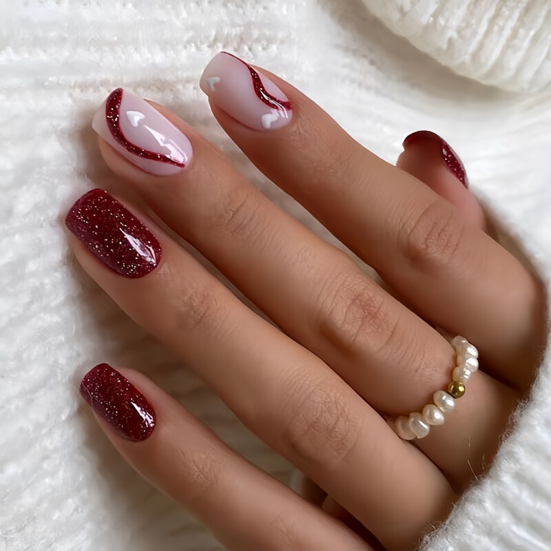 Medium Style Wearable nails, Dark Red Blush nails, Glitter Lines, Manicure Patches, Sparkling Fake nails, Finished nails