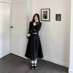 秋冬季新款黑色两件套法式复古大码女装胖mm假两件外套+半身裙女